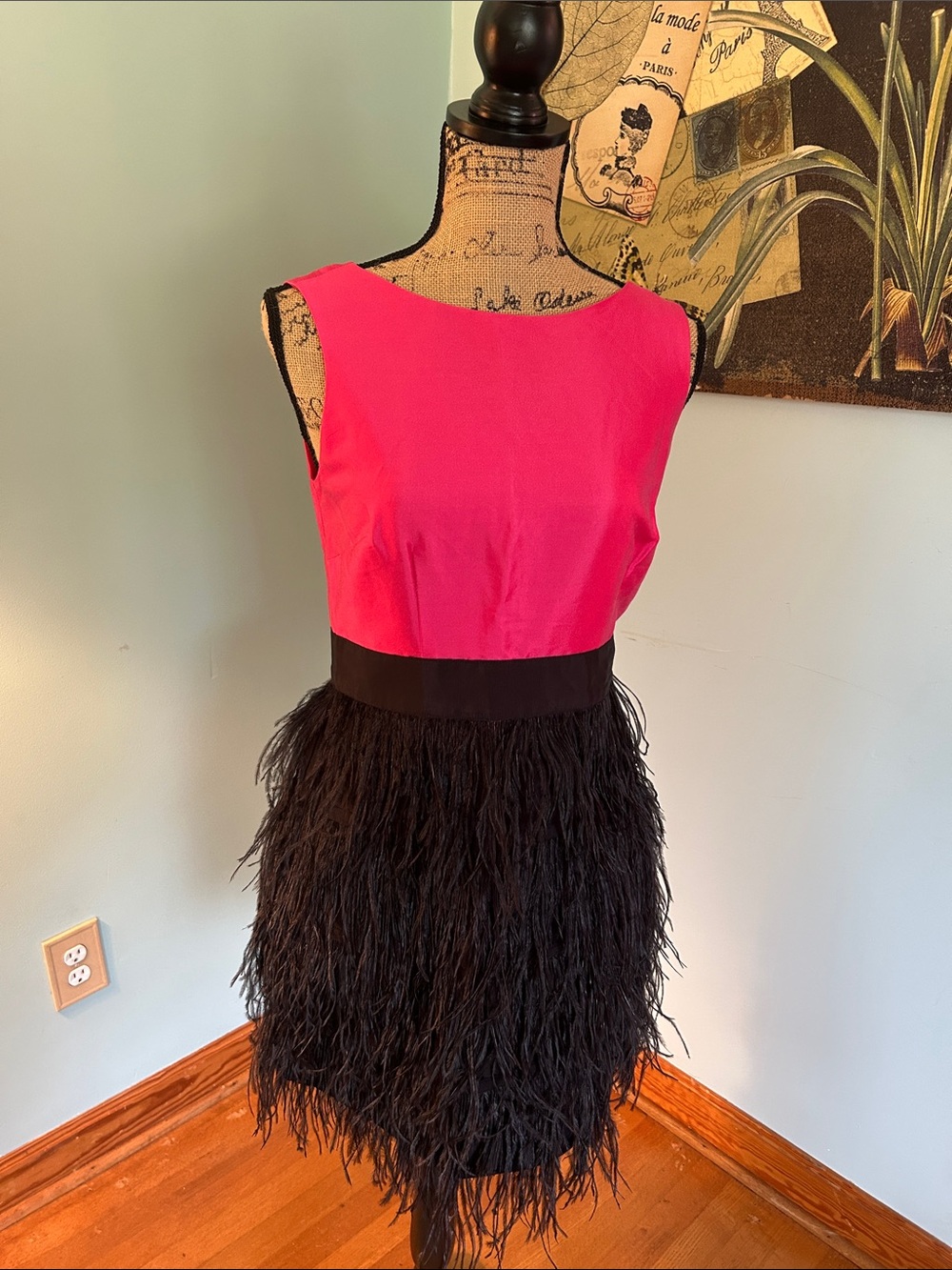 Hot Pink Sleeveless Mini Skirt with Black Feathered Hem